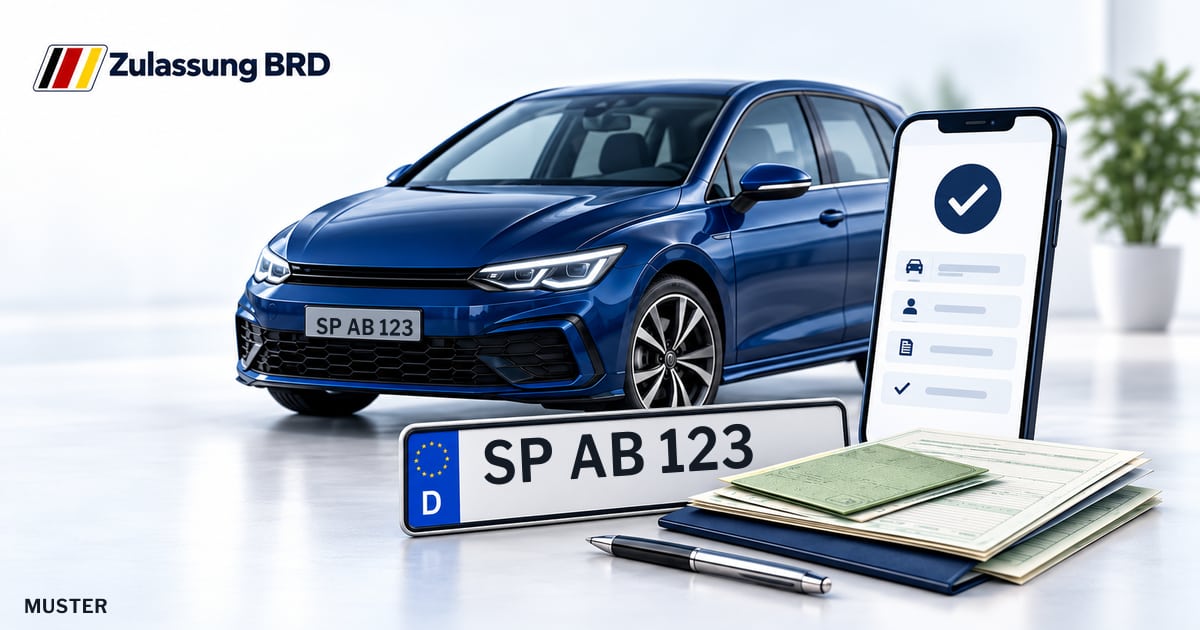 Online Fahrzeugzulassung in Speyer: Musterkennzeichen SP AB 123, Auto und Fahrzeugpapiere und Smartphone. Illustration mit Logo von Zulassung BRD.